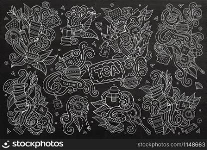 Tea time doodles hand drawn chalkboard vector symbols and objects. Tea time doodles hand drawn chalkboard vector symbols