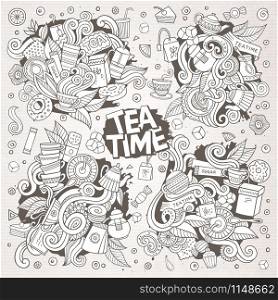 Tea time doodles hand drawn sketchy vector symbols and objects. Tea time doodles hand drawn sketchy vector doodle designs