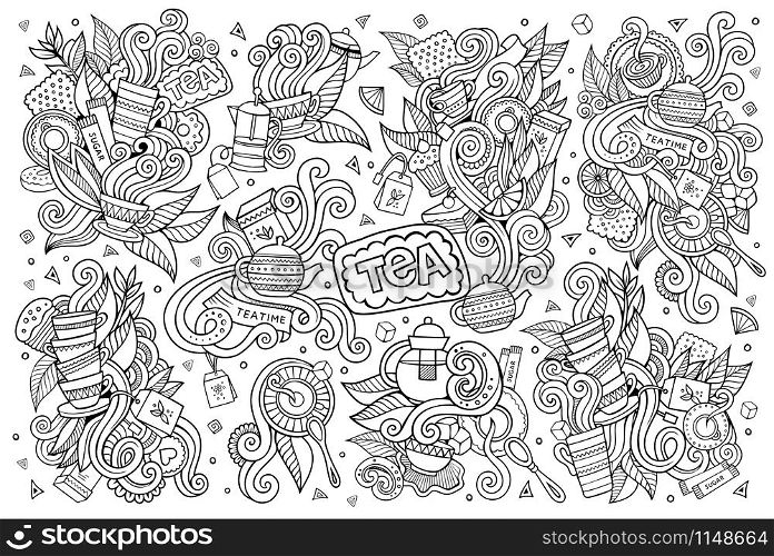 Tea time doodles hand drawn sketchy vector symbols and objects. Tea time doodles hand drawn sketchy vector symbols