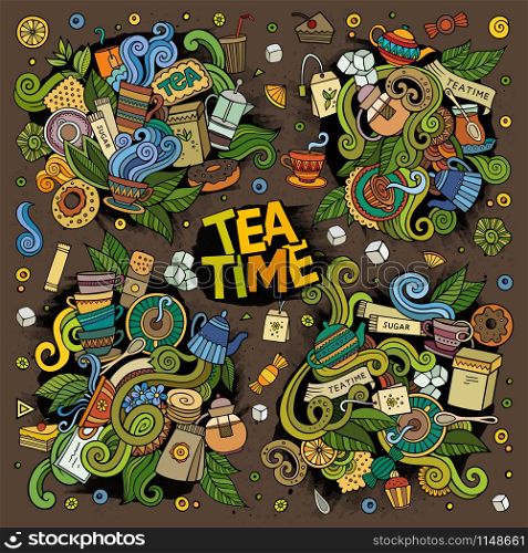 Tea time doodles hand drawn sketchy vector symbols and objects. Tea time vector doodles design