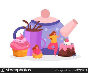 Tea time flat background with female characters images of cakes cup with drop splashes and teapot vector illustration. Teapot Sweets Flat Composition