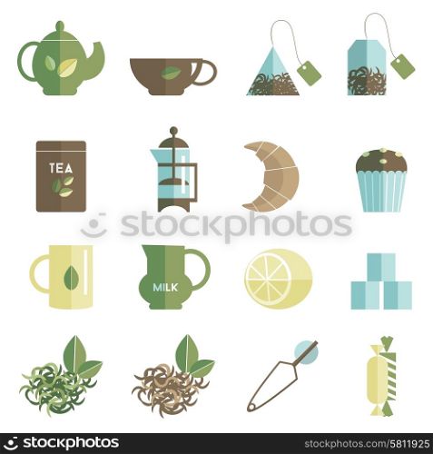 Tea time icons set flat. Traditional british tea accessories flat icons set with milk can lemon and teabags abstract isolated vector illustration
