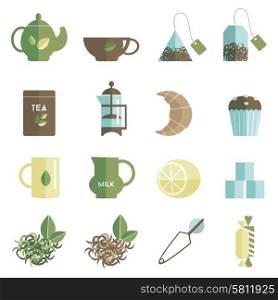Tea time icons set flat. Traditional british tea accessories flat icons set with milk can lemon and teabags abstract isolated vector illustration