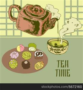 Tea time japanese traditional ceremony advertisement poster with green powdered matcha drink in earthenware teapot vector illustration