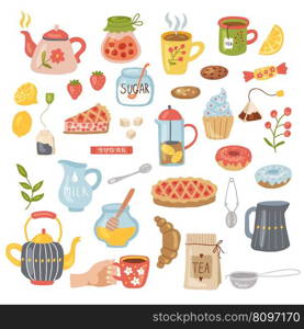 Tea time. Kitchen utensils cups teapots dishes for breakfast recent vector ceramic cups for tea. Illustration of tea cup and coffee, household jug tableware. Tea time. Kitchen utensils cups teapots dishes for breakfast recent vector ceramic cups for tea