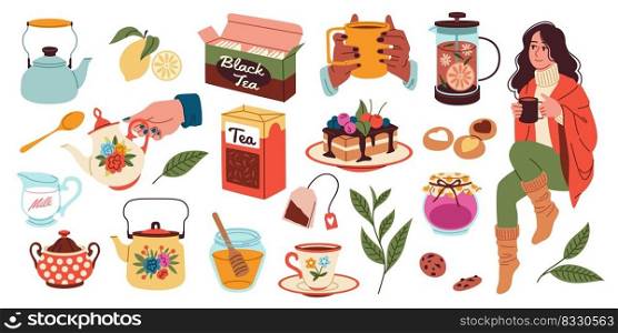 Tea time. Lovely girl holding mug of hot drink, sweet desserts, cookies and cakes on cute cozy dishes, ceramic cups and teapots, breakfast elements,cozy autumn mood tidy vector cartoon flat style set. Tea time. Lovely girl holding mug of hot drink, sweet desserts, cookies and cakes on cute cozy dishes, ceramic cups and teapots, breakfast elements,cozy autumn mood tidy vector cartoon set