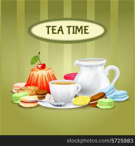 Tea time poster with sweet food cookies macaron cup saucer pot vector illustration