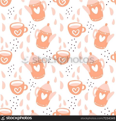 Tea time scandinavian seamless pattern. Tea party background design. Hand drawn doodle illustration with teapots, cups and sweets.. Tea time scandinavian seamless pattern. Tea party background design. Hand drawn doodle illustration with teapots, cups and sweets