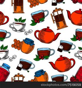 Tea time seamless background. Wallpaper with vector pattern icons of tea pot, kettle, coffee maker, french press, honey in honeycomb, jam, berries, sugar, tea leaves. Tea time, coffee and desserts background