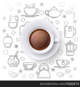 Tea time vector concept with realistic top view cup and outline icons. Illustration of drink mug with black tea. Tea time vector concept with realistic top view cup and outline icons