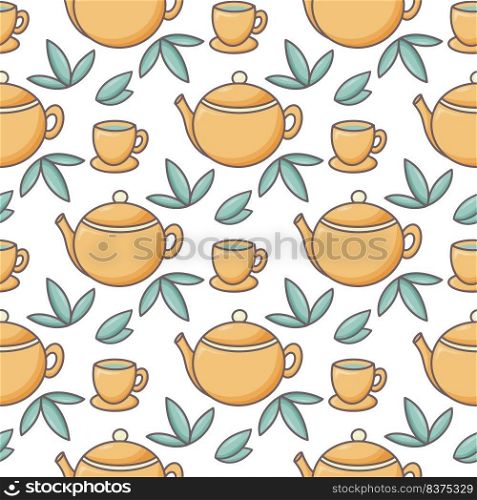Tea time vector seamless pattern. Teapots cups with tea and tea leaves background. Nature print for textile, paper and design. Tea time vector seamless pattern