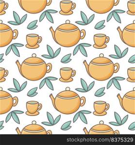 Tea time vector seamless pattern. Teapots cups with tea and tea leaves background. Nature print for textile, paper and design. Tea time vector seamless pattern
