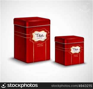 Tea Tins Red Metal Containers Set. High quality tea metal packaging and storage containers realistic advertisement poster with 2 red tins vector illustration