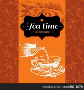 Tea vintage background. Hand drawn sketch illustration. Menu and package design