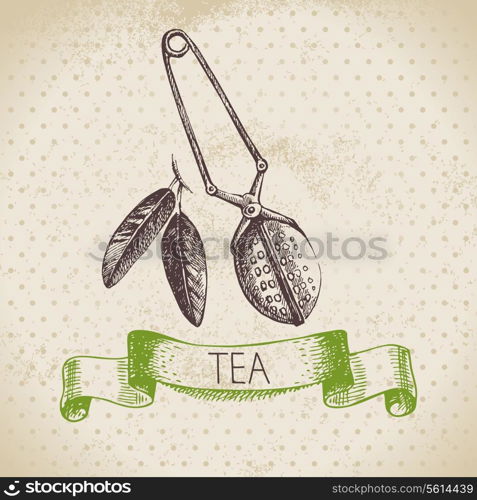 Tea vintage background. Hand drawn sketch illustration. Menu design