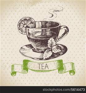 Tea vintage background. Hand drawn sketch illustration. Menu design&#x9;