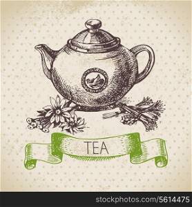 Tea vintage background. Hand drawn sketch illustration. Menu design&#x9;