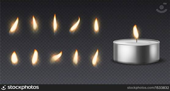 Tea wax candle with flame. Realistic round burning 3d candles light and varios flames collection for animation picture, vector set isolated on black background. Tea wax candle with flame. Realistic burning 3d candles light and varios flames for animation picture, vector set isolated on black background
