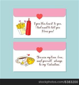 Tea with lemon, French fries with ketchup. Little envelopes, postcards. Vector greeting cards about love. With Valentine&rsquo;s day. Cute cartoon concept about love.