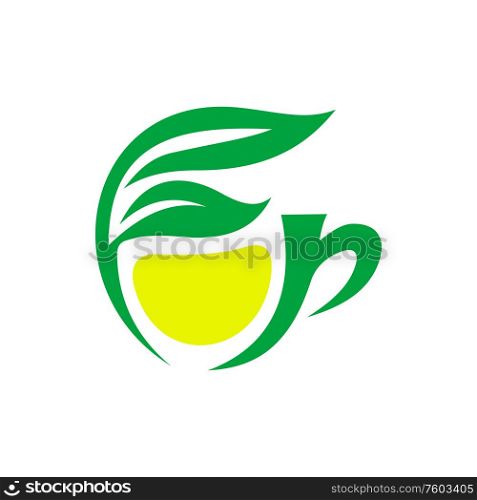 Tea with lemon isolated creative logo. Vector herbal hot drink with citrus fruit and garden herbs. Green tea with lemon and herbal leaves