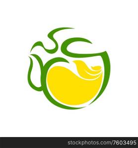 Tea with lemon isolated creative logo. Vector herbal hot drink with citrus fruit and garden herbs. Green tea with lemon and herbal leaves