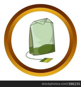 Teabag of green tea vector icon in golden circle, cartoon style isolated on white background. Teabag of green tea vector icon