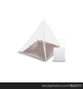 Teabag pyramid with label isolated black tea mockup. Vector tea bag with blank tag, template. Pyramid tea bag with black tea, blank tag isolated