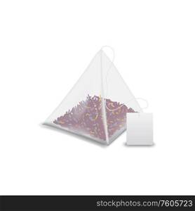 Teabag pyramid with label isolated floral or fruit tea pack mockup. Vector tea bag with blank tag. Pyramid tea bag with floral or fruit tea isolated
