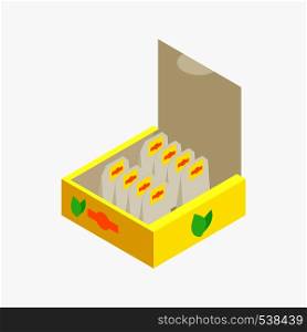 Teabags in yellow paper box icon in isometric 3d style on a white background. Teabags in paper box icon, isometric 3d style