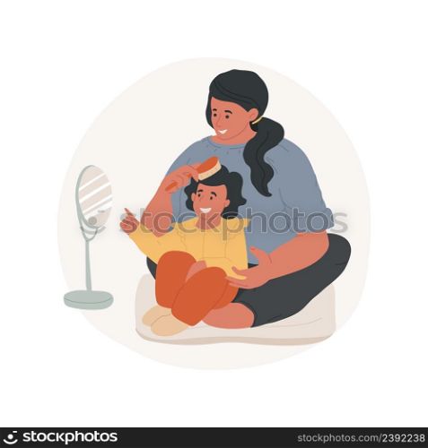 Teach brushing hair isolated cartoon vector illustration Children self-care skill development, parent helps to brusch hair, morning routine, homebased daycare, personal hygiene vector cartoon.. Teach brushing hair isolated cartoon vector illustration