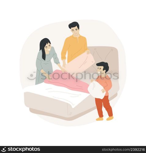 Teach making bed isolated cartoon vector illustration Mother teaches child to make bed, household maintenance skill, child put linen, homebased daycare, homeschooling activity vector cartoon.. Teach making bed isolated cartoon vector illustration