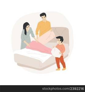 Teach making bed isolated cartoon vector illustration Mother teaches child to make bed, household maintenance skill, child put linen, homebased daycare, homeschooling activity vector cartoon.. Teach making bed isolated cartoon vector illustration