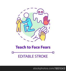 Teach to face fears concept icon. Support kid abstract idea thin line illustration. Help child to overcome phobias. Parenting. Vector isolated outline color drawing. Editable stroke. Teach to face fears concept icon
