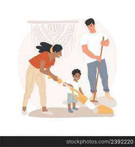 Teach vacuum cleaning isolated cartoon vector illustration Family cleaning house together, teach child to use vacuum cleaner, household maintenance, early home education vector cartoon.. Teach vacuum cleaning isolated cartoon vector illustration