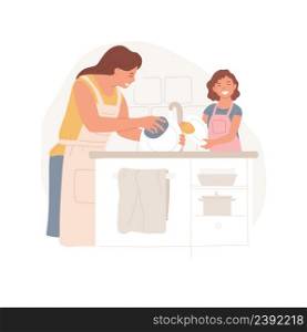 Teach washing dishes isolated cartoon vector illustration Kid helps mom in the kitchen, washing dishes steps, teach household maintenance, home education, parental child care vector cartoon.. Teach washing dishes isolated cartoon vector illustration