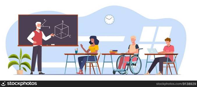 Teacher and diverse children learn in classroom, child with disability learns while sitting in wheelchair. Cartoon flat style isolated characters. Normal student life, people on lecture vector concept. Teacher and diverse children learn in classroom, child with disability learns while sitting in wheelchair. Cartoon flat style isolated characters. Normal student life, vector concept