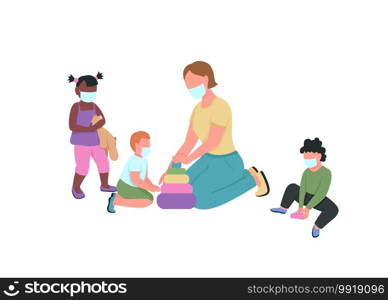 Teacher and kids in medical mask play together flat color vector faceless characters. Tutor with children. Kindergarten new normal isolated cartoon illustration for web graphic design and animation. Teacher and kids in medical mask play together flat color vector faceless characters