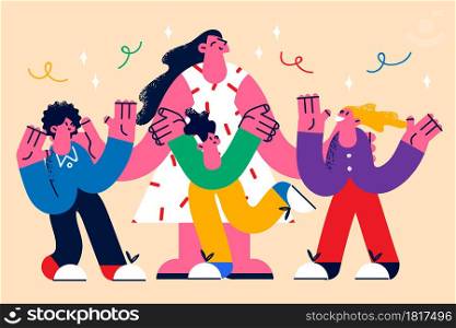 Teacher and mother with children concept. Young smiling woman standing embracing group of happy children outdoors celebrating mother or teachers day vector illustration . Teacher and mother with children concept