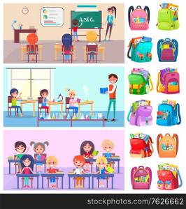 Teacher and pupils in classroom, classmates studying. Backpack sticker, girl and boy sitting at desktop with book, chemistry and language lesson vector. Back to school concept. Flat cartoon. Back to School Label, Pupils and Teacher Vector