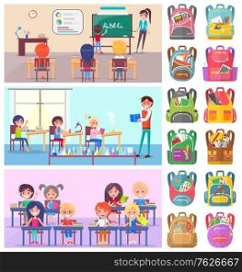 Teacher and pupils in classroom, classmates studying. Backpack sticker, girl and boy sitting at desktop with book, chemistry and language lesson vector. Back to school concept. Flat cartoon. Back to School Label, Pupils and Teacher Vector