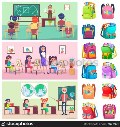 Teacher and pupils in classroom, classmates studying. Backpack sticker, girl and boy sitting at desktop with book, geometry and geography lesson vector. Back to school concept. Flat cartoon. Back to School Label, Pupils and Teacher Vector