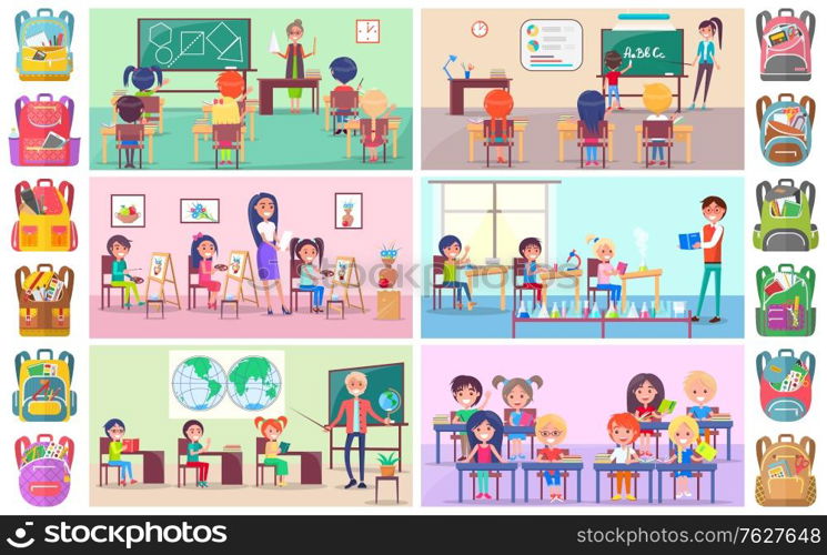 Teacher and pupils in classroom, classmates studying. Backpack sticker, girl and boy sitting at desktop with book, chemistry and language lesson vector. Back to school concept. Flat cartoon. Back to School Label, Pupils and Teacher Vector