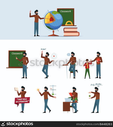 Teacher character. Profession man study on lecture standing near flipchart garish vector male teacher with various gestures. Illustration of teacher man at school study. Teacher character. Profession man study on lecture standing near flipchart garish vector male teacher with various gestures