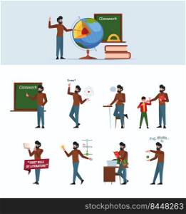 Teacher character. Profession man study on lecture standing near flipchart garish vector male teacher with various gestures. Illustration of teacher man at school study. Teacher character. Profession man study on lecture standing near flipchart garish vector male teacher with various gestures