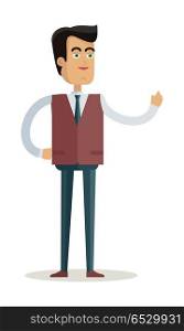 Teacher character vector. Cartoon in flat style design. Smiling man in business suite standing with raised hand. Illustration for study, business concepts, icons, infographics. Isolated on white.. Man Character Vector Illustration in Flat Design. Man Character Vector Illustration in Flat Design
