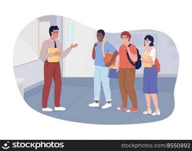Teacher communicating with students 2D vector isolated illustration. Informal atmosphere flat characters on cartoon background. college colourful editable scene for mobile, website, presentation. Teacher communicating with students 2D vector isolated illustration