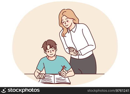 Teacher control boy child writing in notebook. Female tutor look at kid handwrite in classroom. School education concept. Vector illustration.. Teacher control pupil writing in notebook