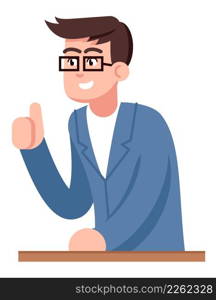 Teacher encouraging students semi flat RGB color vector illustration. Smiling figure. After school tutor. Man in glasses raising thumb up isolated cartoon character on white background. Teacher encouraging students semi flat RGB color vector illustration