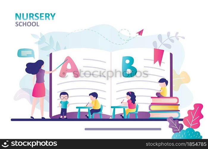 Teacher explaining alphabet to children. Concept of nursery school. Kids sit at desk and gain new knowledge. Kindergarten pupils with female tutor in classroom.Banner template.Flat vector illustration. Teacher explaining alphabet to children. Concept of nursery school. Kids sit at desk and gain new knowledge