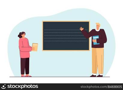 Teacher explaining new topic flat vector illustration. Girl standing near blackboard, listening to man. Studying and education concept for banner, website design or landing web page